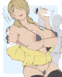 2boys absurdres asymmetrical_bangs baby baby_bottle bikini black_bikini black_thighhighs blonde_hair bottle breasts carrying carrying_baby carrying_person commentary_request covered_nipples female female_pubic_hair hair_over_one_eye highres hood hoodie large_breasts low_twintails medium_hair micro_bikini mother_and_child multiple_boys off_shoulder one_eye_covered open_mouth original partially_unzipped pubic_hair pubic_hair_peek simple_background smile strap_gap sweat swimsuit thighhighs twintails yellow_hoodie zettai_yarumoni