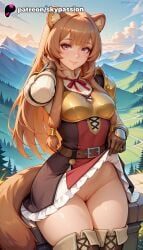 1girls 2025 ai_assisted ai_generated animal_ears anime artist_name blue_sky boots breasts brown_hair bust cloud explicit hi_res high_quality high_resolution highres long_hair looking_at_viewer outdoors patreon patreon_username raccoon_ears raccoon_tail raphtalia sky skypassion smile solo stable_diffusion tail tate_no_yuusha_no_nariagari the_rising_of_the_shield_hero thighhighs watermark
