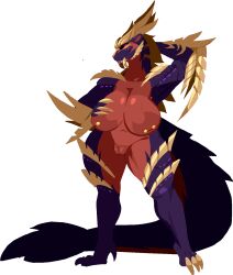 2025 3_claws 4_claws aliasing alpha_channel anthro anthrofied areola big_breasts binary_drawing biped black_sclera blep blue_eyes breasts capcom cel_shading claws digital_drawing_(artwork) digital_media_(artwork) dorans_flea eyebrows fanged_wyvern fangs feet female female_anthro finger_claws fingers full-length_portrait genitals hand_behind_head hand_on_breast hand_on_own_breast hi_res looking_at_viewer magnamalo monster_hunter multicolored_body nipple_piercing nipples non-mammal_breasts nude nude_anthro nude_female piercing portrait pupils purple_body red_body scales shaded simple_background solo standing stud_piercing tail tan_body tan_scales teeth three-quarter_view toe_claws tongue tongue_out transparent_background vulva