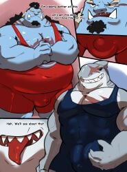 2022 absurd_res anthro belly big_belly blue_body bulge duo fish fish-men_(one_piece) flaccid friendly_unit93 hi_res humanoid_hands jinbe male male_only marine musclegut muscular muscular_male navel one_piece overweight overweight_male scar shark tongue tongue_out wrestling_singlet