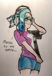 almost_caught blush bulge crossdressing embarrassed femboy headphones inkling inkling_boy levi_(oh_gosh_levi) no_panties oh_gosh_levi poking_out skirt splatoon sweat tip_peeking worried