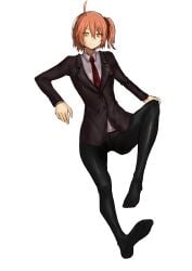 absurdres bangs black_pantyhose black_suit crossdressing_female fate/grand_order fate_(series) female formal fujimaru_ritsuka_(female) highres ke_zhongxiao_niao pantyhose red_hair simple_background smile suit white_background yellow_eyes