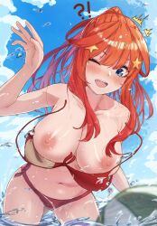 1girls ball beachball bikini blue_eyes blush breasts female female_only go-toubun_no_hanayome irarei_(araisanblog) large_breasts leaning_forward light-skinned_female light_skin long_hair looking_down nakano_itsuki nipples ocean red_hair solo surprised swimsuit topless wardrobe_malfunction