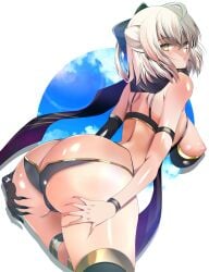 1girls artist_request ass ass_cleavage ass_focus ass_shot back back_view bikini black_bikini blonde_hair breasts bubble_butt butt_crack fate/grand_order fate_(series) female huge_ass huge_breasts light-skinned_female light_skin okita_souji_(fate) okita_souji_(fate)_(all) okita_souji_(swimsuit_assassin)_(fate) short_hair sideboob slim_waist yellow_eyes