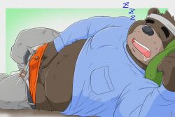 2022 anthro belly black_nose bodily_fluids bottomwear brown_body closed_eyes clothing genital_fluids humanoid_hands kemono male male_only mammal overweight overweight_male pants pillow precum shibatanukiti sleeping solo underwear ursid