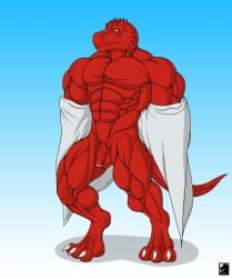 abs anthro balls biceps big_muscles brunder clothing deltoids dragon flaccid foreskin genitals hi_res humanoid_genitalia humanoid_penis kevindragon male male_only manly muscular muscular_anthro muscular_male nude pecs penis quads scalie simple_background solo undressing