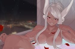 1girls absurdres animal_ear_fluff animal_ears areola_slip bathing bathtub breasts cleavage commentary dark-skinned_female dark_skin eyelashes female flower highres ko_koyap large_breasts miruko multiple_scars muscular muscular_female my_hero_academia nude petals rabbit_ears rabbit_girl red_eyes red_flower red_rose rose rumi_usagiyama scar scar_on_arm smile solo symbol-only_commentary water wet white_hair