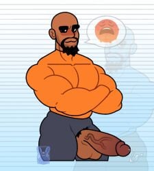 1boy 2021 almost_naked arms_crossed arms_crossed_under_pecs bald bald_man balls bara bara_tiddies bara_tits beard big_eyebrows black_beard black_eyebrows black_pubic_hair blush buff buff_male cum cumshot dark-skinned_male dark_skin emoji gray_pants grey_pants half-dressed half_dressed half_naked logo looking_at_viewer male male_only matt_(wii_sports) muscular muscular_male nintendo orange_shirt ornyrabi77 penis penis_out pubic_hair pubic_hair_peek signature solo solo_male speech_bubble sweat sweatdrop sweating the_ornyrabi77 therabit vein veiny veiny_penis wii_sports