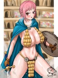 arena big_breasts bikini_armor braided_ponytail breath female female_only gladiator large_breasts loincloth mr.snowfish one_piece pink_hair rebecca_(one_piece) skimpy skimpy_armor solo solo_female solo_focus sweat sweaty sweaty_body teen teenage_girl teenager thick_thighs unconvincing_armor voluptuous_teen weapon