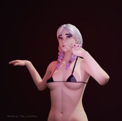 bikini bikini_top finger_in_mouth fortnite latex looking_at_viewer micro_bikini navel painted_nails purple_eyes shiny_clothes silver_hair torin_(fortnite)