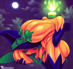 1girls big_ass big_breasts black_sclera detachable_head female female_only gloves green_eyes halloween holidays long_tongue naked original original_character pasties pumpkin pumpkin_girl pumpkin_head thecon thick_thighs thighhighs watermark witch_hat