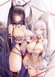 2girls animal_ears areolae azur_lane black_hair breasts facial_markings female fluffy_tail fox_ears fox_girl fox_tail height_difference hips huge_breasts kitsune large_areolae lavender_eyes light-skinned_female light_skin long_hair musashi_(azur_lane) orange_eyes plymouth_(azur_lane) pubic_tattoo race_queen royal_navy_(azur_lane) sakura_empire_(azur_lane) simple_background slim_waist thick_thighs thighhighs thighs white_hair wide_hips yusha_(m-gata)