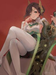 absurd_res alexandria_(xenoblade) ass black_legwear braid breasts brown_hair green_eyes hair_bun highres holding_weapon medium_breasts nintendo remaco short_hair sideboob sitting thick_thighs thigh_boots thighhighs thighs weapon white_boots xenoblade_(series) xenoblade_chronicles_3