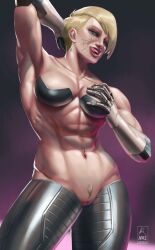 1girls abs armpits arms_up blonde_hair cd_projekt_red cyberpunk:_edgerunners cyberpunk_2077 dorio_(edgerunners) female female_only licking_lips muscular muscular_female nazreizo_(artist) netflix pubic_hair short_hair studio_trigger tongue vagina very_short_hair