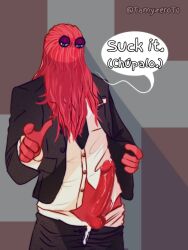 balls clothed clothing don't_hug_me_i'm_scared genitals glistening glistening_genitalia glistening_penis hair humanoid male male_only penis red_body red_guy_(dhmis) red_hair red_penis red_skin solo suit tamyzeroto