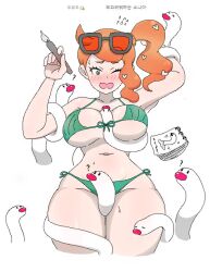 1girls big_ass big_breasts bikini bimbo blush bound eyewear_on_head holding_object large_breasts mouth_open notebook open_mouth orange_hair pokémon_(species) pokemon pokemon_ss simple_background sonia_(pokemon) sunglasses sunglasses_on_head tagme teasing tentacle text thick_thighs waagh white_background wiglett