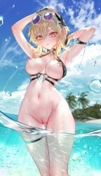 1girls armpits arms_up beach blonde_hair bottomless breasts cameltoe eyewear_on_head female genshin_impact hair_ornament hairy highres huge_breasts looking_at_viewer lumine_(genshin_impact) naked navel nipples no_panties nude pottsness pussy short_hair solo standing sunglasses sunglasses_on_head thigh_gap thighs uncensored wet yellow_eyes