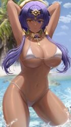 1girls abp_art armpits arms_behind_head arms_up beach bikini breasts brown_skin candace_(genshin_impact) dark-skinned_female dark_skin female genshin_impact heterochromia hips huge_breasts long_hair outdoors purple_eyes purple_hair slim_waist thick_thighs thighs twintails white_bikini wide_hips yellow_eyes