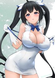 1girls big_breasts black_hair blue_eyes breasts dungeon_ni_deai_wo_motomeru_no_wa_machigatteiru_darou_ka eye_contact female female_only fully_clothed hestia_(danmachi) jam_pentail jampen light-skinned_female light_skin long_hair looking_at_viewer solo standing twintails