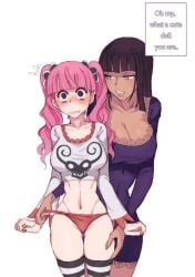 2girls big_breasts black_hair blush cleavage clothing english_text female female_only long_hair lushhhh multiple_girls nico_robin one_piece panties perona pink_hair pre-timeskip striped_legwear text thighhighs thriller_bark twintails yuri