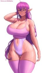 1girls absurd_res ass big_breasts breasts busty_(superbusty) female hi_res highleg_leotard hips huge_breasts leotard light-skinned_female light_skin long_hair naughty_face oc original original_character pointy_ears purple_eyes purple_hair slim_waist solo solo_female suggestive_look superbusty thick_thighs thighhighs thighs wide_hips