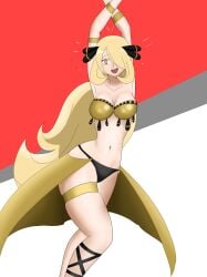 1girls arms_above_head black_panties blonde_hair bra breasts cynthia_(pokemon) dancer dancer_outfit gold_bra hair_ornament hair_over_one_eye harem_outfit hypnosis hypnotic_eyes large_breasts long_hair looking_at_viewer midriff milf mind_control navel nintendo open_mouth panties pokemon pokemon_dppt red_eyes showgirl_skirt skirt syas-nomis thigh_strap