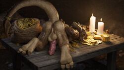 16:9 2022 anthro anus aquafreeze arms_tied ass ass_up balls bondage bound candle cave claws coin erection feet furniture gag gagged genitals gold_(metal) gold_coin hands_behind_back hi_res kobold looking_at_viewer looking_back male male_only medallion nude paws penis presenting presenting_anus presenting_hindquarters presenting_penis raised_tail reptile restraints ring rope rope_bondage scalie solo table widescreen