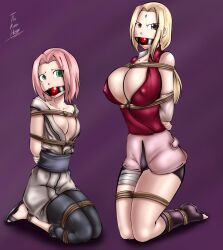 2girls arms_tied_behind_back ball_gag blonde_hair bondage breasts brown_eyes dakuroihoshi forehead_jewel gag gagged green_eyes kneeling large_breasts legs multiple_girls naruto nipple_bulge outfit_swap pink_hair pokies ponytail rope rope_bondage sakura_haruno sandals short_hair small_breasts tsunade