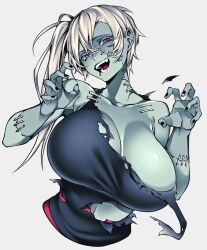 1girls belly belly_button big_breasts blush breast breast_bigger_than_head breasts camui_kamui_(hz_666v) cute enormous_breasts fangs female female_only fit fit_female grey-skinned_female grey_skin hourglass_figure huge_breasts large_breasts massive_breasts monster_girl original patchwork_skin round_breasts seductive seductive_eyes seductive_look seductive_smile sharp_teeth short_hair shorts slutty_outfit smile solo stitches tattoo thick thick_thighs thin thin_waist top_heavy torso voluptuous voluptuous_female white_hair zombie zombie_girl