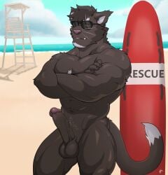 anthro balls beach chest_tuft crossed_arms erection eyewear felid feline genitals hi_res lifeguard_tower looking_at_viewer male male_focus mammal muscular nude penis seaside solo sunglasses surfboard tuft vein veiny_penis wolfybuns