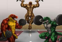 abs anthro balls barbell barbell_squats bicep_curl biceps casual_nudity curls deltoids dinosaur dumbbell exercise flaccid foreskin genitals green_body green_scales grilder_(character) group gym hi_res humanoid_genitalia humanoid_hands humanoid_penis kevindragon male male/male manly muscular muscular_anthro muscular_male nipples non-mammal_balls non-mammal_nipples nude pecs penis pull-up_(exercise) quads reptile scales scalie squating theropod trio troojhar typhek tyrannosaurid tyrannosaurus tyrannosaurus_rex weightlifting weights workout