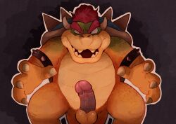 2022 anthro balls bara bowser bowserboy101 bracelet claws erection front_view genitals hair hi_res horn jewelry looking_at_viewer male male_only mario_(series) nintendo penis red_hair reptile scalie sharp_teeth solo spiked_bracelet spikes super_mario_bros._(2023_film) teeth video_games