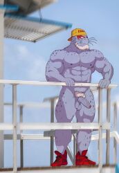 anthro backwards_baseball_cap balls bara barazoku baseball_cap beard boner burrserk erection eye_markings facial_hair furry gay grey_body hairy male male_only marine muscles muscular my_hero_academia nude penis seal selkie_(my_hero_academia) semi-erect shoes shoes_only solo solo_male spotted_seal whiskers white_hair