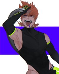 1boy abs armpits breasts eddsworld ginger long_gloves matt_(eddsworld) monster_boy muscular_male orange_hair pants piercing purple_eyes solo thighs tight_suit tongue