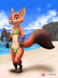 absurd_res anthro beach bikini bikini_bottom bikini_top bulge canid canine canis crossdressing disney fox fur girly hi_res link6432 male male_only mammal nick_wilde redraw seaside solo swimsuit swimwear zootopia