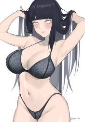 1girls armpits big_breasts blush blushing bra breasts byeon_dha eye_contact female female_focus female_only hyuuga_hinata light_skin lingerie long_hair looking_at_viewer naruto naruto:_the_last naruto_(series) solo upper_body wide_hips