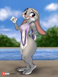 absurd_res anthro bikini blush breasts disney female flat_chest grey_body hi_res judy_hopps lagomorph leporid link6432 mammal open_mouth rabbit smile solo swimsuit swimwear zootopia