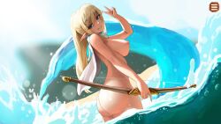 1girls blonde_hair blue_eyes bow elf elf_world_adventure long_ears ownahole water