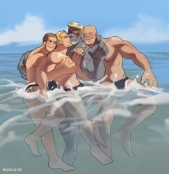 anthro balls bara barazoku beard blush bulge eye_markings facial_hair furry gay grey_body human_on_anthro interspecies machojuice male male_only marine muscles muscular my_hero_academia ocean oki_mariner_crew partially_submerged penis seal selkie_(my_hero_academia) speedo spotted_seal water whiskers white_hair