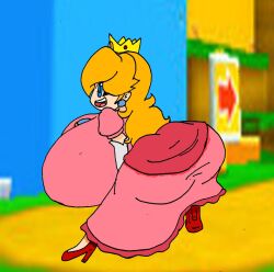 allstarman ass ass_in_dress big_ass big_breasts big_butt blonde_hair breasts crown dress earrings facing_away female female_focus female_only gloves happy heels huge_ass huge_breasts huge_butt hyper hyper_breasts mario_(series) nintendo open_mouth pink_dress princess princess_peach red_heels solo solo_female super_mario_bros. tagme white_gloves