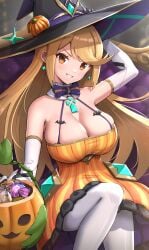 1girls alternate_breast_size alternate_version_available arm_up bangs blonde_hair bowtie breasts candy cleavage core_crystal detached_collar detached_sleeves earrings female female_focus female_only gold_eyes gonzarez halloween hat hi_res huge_breasts large_hat latex leggings light_blush long_hair looking_at_viewer mythra nintendo orange_clothing pumpkin sitting smile swept_bangs thick_thighs thighs white_leggings witch witch_costume witch_hat xenoblade_(series) xenoblade_chronicles_2