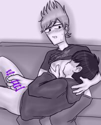 2022 2boys armchair blush censored edd edd_(eddsworld) eddsworld gay hair hand_on_breast hands_in_penis hoodie masturbation matt_(eddsworld) moaning nipples penis polern sketch sucking yaoi