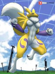 absurd_res anthro bandai_namco black_sclera blue_eyes breasts canid canine canis claws clothed clothing digimon digimon_(species) female fur hi_res link6432 mammal nude renamon solo video_games white_body white_fur yellow_body yellow_fur