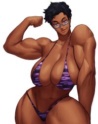 1girls armpits athletic bianca_(maverickszeke) big_breasts bikini breasts dark-skinned_female female female_only glasses muscular muscular_female purple_bikini purple_eyes purple_thong short_hair solo sotcho very_short_hair