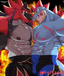 2022 abs anthro anthro_on_anthro anthrofied barazoku biceps big_bulge big_muscles black_background bodily_fluids bottomwear bulge bulge_frottage clenched_teeth clothed clothing detailed_bulge duel duo erection erection_under_clothing eye_contact feraligatr fight fire fur generation_2_pokemon generation_7_pokemon hi_res huge_muscles incineroar looking_at_another male male/male male_only muscular muscular_anthro muscular_male navel nekogaki0324 nintendo nipples obliques open_mouth open_smile patreon pecs pokemon pokemon_(species) pokemorph saliva saliva_string scales scar sharp_teeth shorts signature simple_background smile standing teeth tongue tongue_out topless topless_anthro topless_male tuft video_games