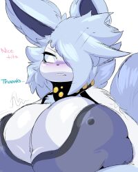 anthro big_breasts blue_hair blue_sclera blush breasts canid canine clothed clothing dialogue female fox front_view fur hair mammal motion_lines simple_background solo text uromatsu white_background white_body white_eyes white_fur