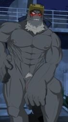 anthro balls bara barazoku beard big_balls big_penis blush eye_markings facial_hair furry gay grey_body male male_only marine muscles muscular my_hero_academia penis seal selkie_(my_hero_academia) sharkfurryman solo solo_male spotted_seal whiskers white_hair