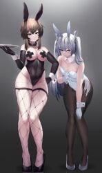 2girls animal_ears bangs bare_shoulders belly belly_button belt_collar big_breasts black_eyes black_leotard blue_hair blush blushing_at_viewer breast_tattoo breasts brown_hair bunny_ears bunny_girl bunny_tail bunnysuit cameltoe cleavage closed_mouth collar covered_nipples detached_collar elbow_gloves emotionless emotionless_female fake_animal_ears female female_focus female_only fishnet_thighhighs fishnets gloves grey_background hair_between_eyes hi_res high_heels high_resolution highres holding holding_object huge_breasts kanine41 karinn karinn(oc) large_breasts legs leotard light-skinned_female light_skin long_hair looking_at_viewer meat_lines multiple_girls original original_character original_characters pantyhose pasties playboy_bunny rabbit_ears sidelocks simple_background small_breasts stomach strapless strapless_leotard tape taped_nipples tattoo tattoos thick thick_thighs thighhighs twintails white_leotard wrist_cuffs