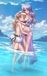 2girls bikini bikini_skirt blonde_hair breasts camilla_(fire_emblem) camilla_(summer)_(fire_emblem) cleavage corrin_(fire_emblem) corrin_(fire_emblem)_(female) corrin_(summer)_(fire_emblem)_(female) female female_only fire_emblem fire_emblem_fates fire_emblem_heroes flower flower_head_band hair_flower hair_over_one_eye hairband hugging large_breasts long_hair medium_breasts midriff multiple_girls navel nintendo ocean official_alternate_costume outdoors porblee purple_bikini purple_eyes purple_hair purple_sarong purple_swimsuit red_eyes sarong siblings sisters swimsuit swimsuit_skirt thigh_strap white_bikini white_swimsuit