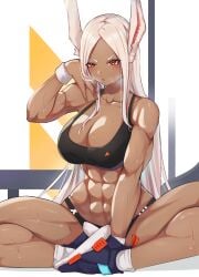 1girls abs absurd_res animal_ears bangs bare_arms bare_shoulders big_breasts blonde_hair blue_footwear breasts cleavage collarbone cromwellb dark-skinned_female dark_skin female female_only fully_clothed large_breasts long_hair looking_at_viewer miruko muscular muscular_female my_hero_academia ponytail rabbit_ears rabbit_girl rumi_usagiyama shoes simple_background sitting socks solo sports_bra stomach sweat thick_thighs thighs white_socks workout_clothes